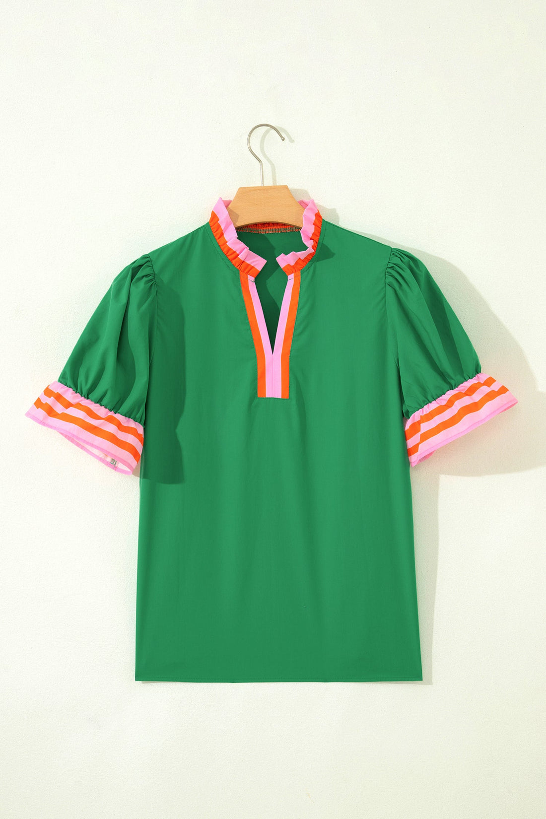 Stripe Frilled Collar Ruffle Short Sleeve Blouse - Green Blue Pink