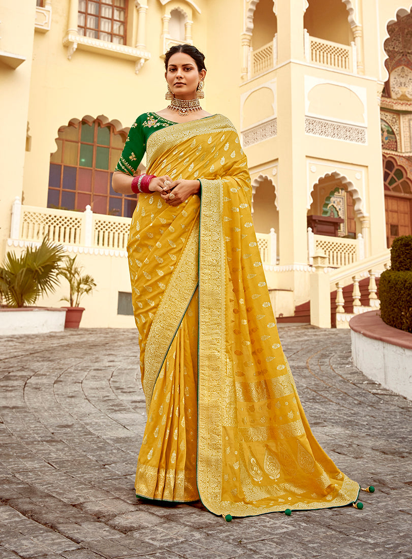 Mustard yellow designer Dola silk saree for wedding guest attire