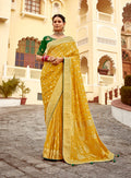 Mustard yellow designer Dola silk saree for wedding guest attire