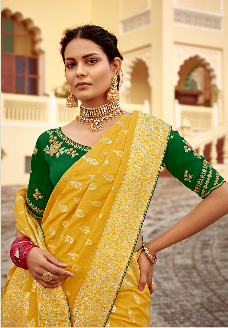 Mustard Yellow Designer Dola Silk Wedding Saree