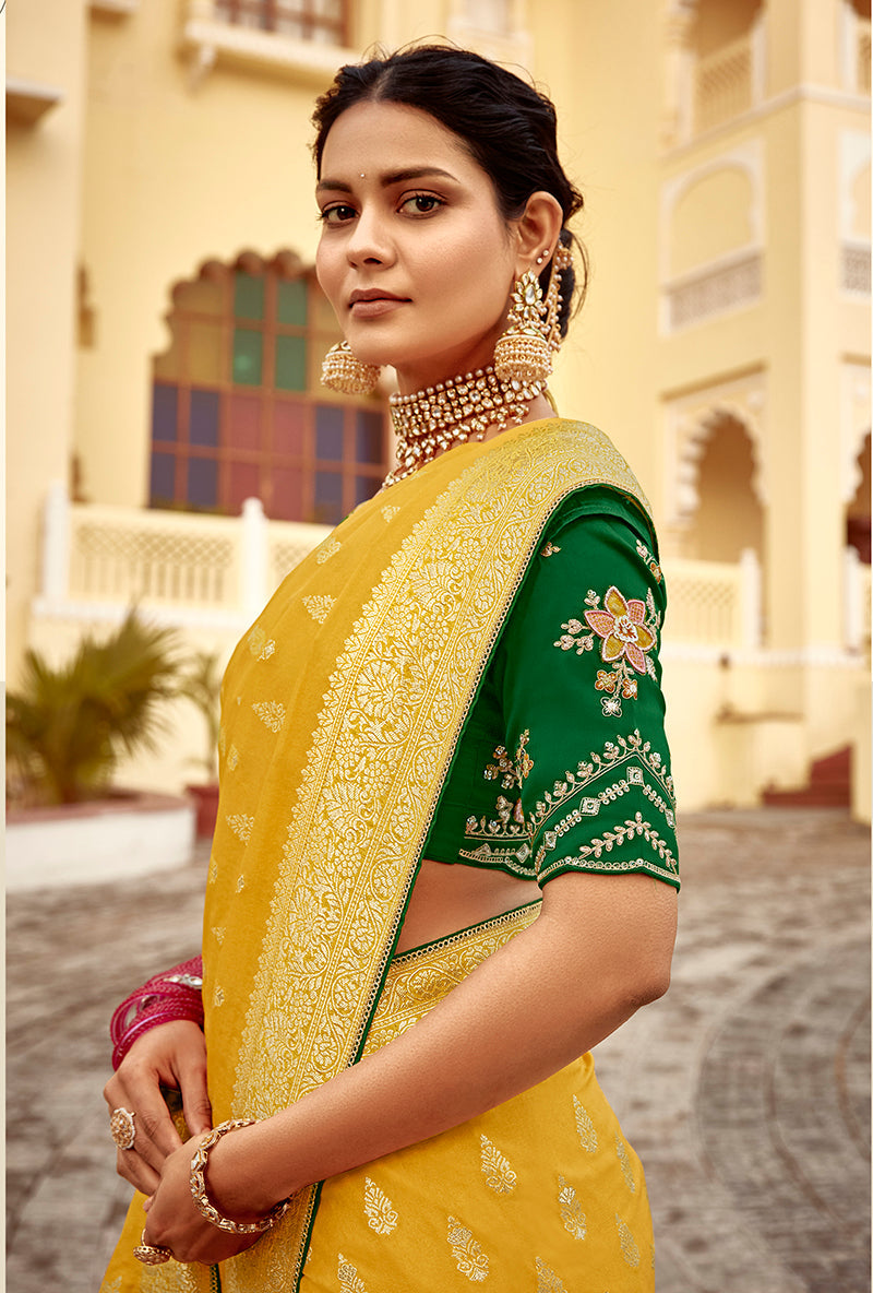 Mustard Yellow Designer Dola Silk Wedding Saree