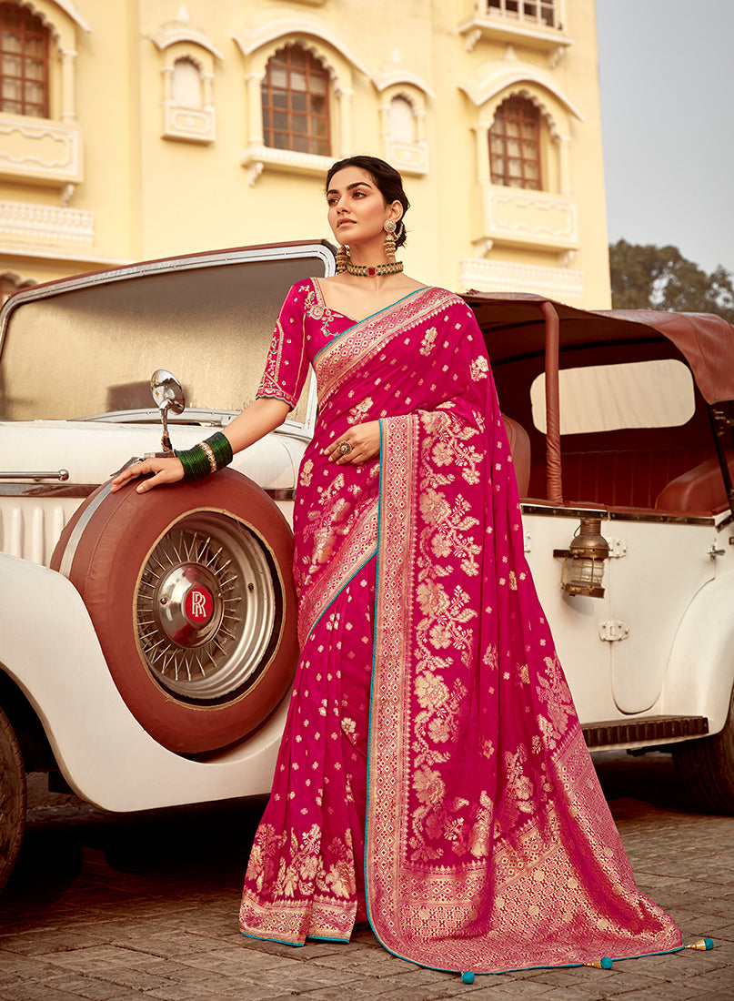 Rani Pink wedding saree with traditional Banarasi weaving on Dola silk fabric