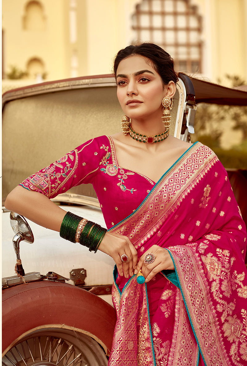 Rani Pink Banarasi Weaving Dola Silk Wedding Saree