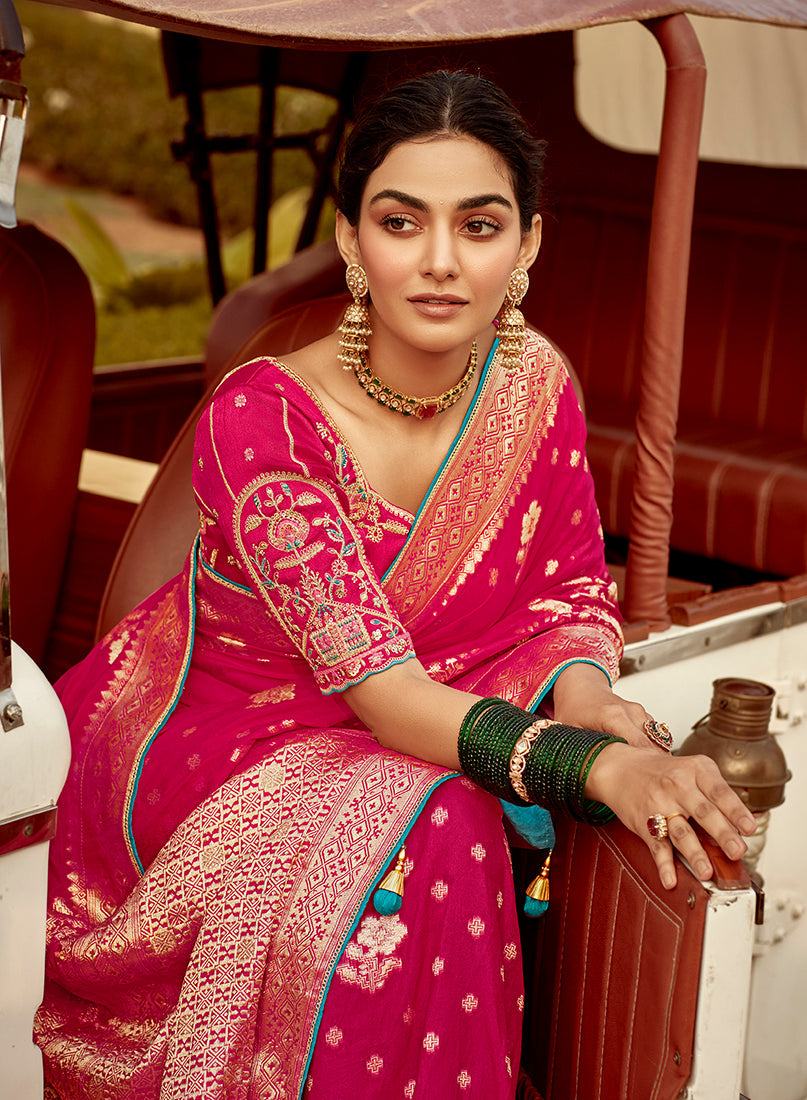 Rani Pink Banarasi Weaving Dola Silk Wedding Saree