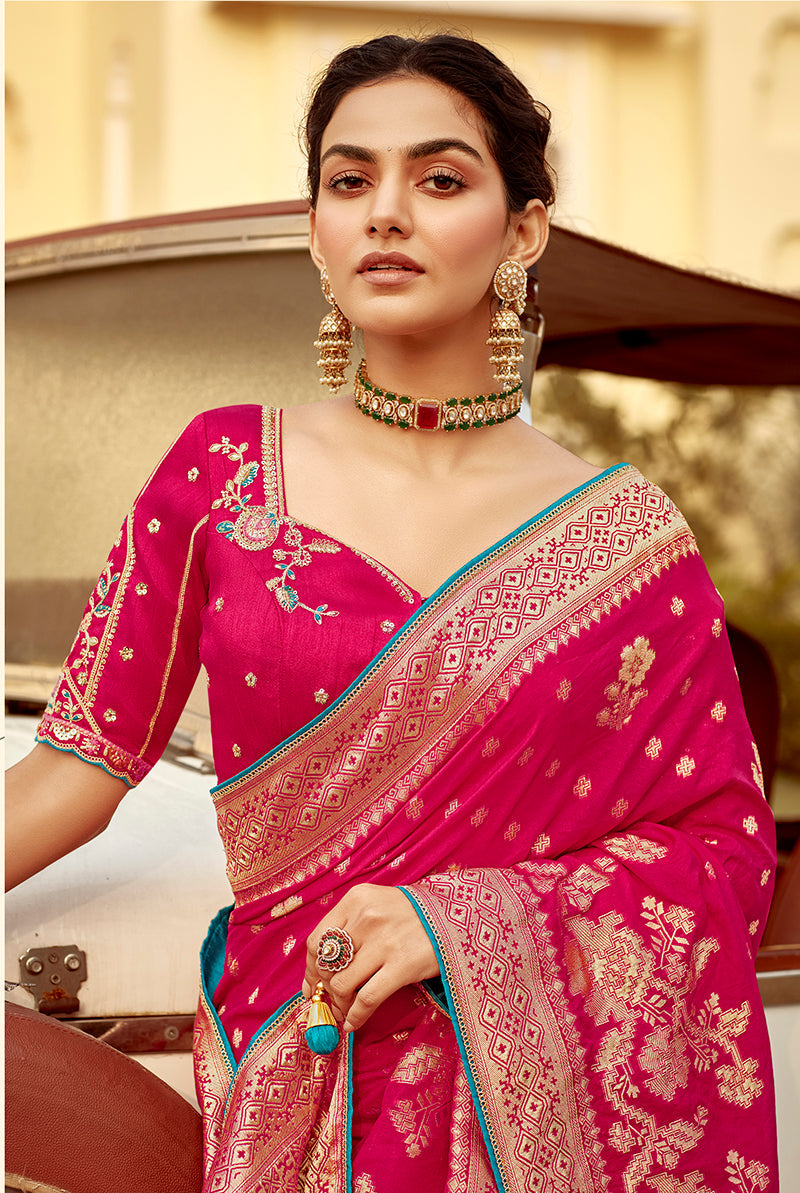 Rani Pink Banarasi Weaving Dola Silk Wedding Saree