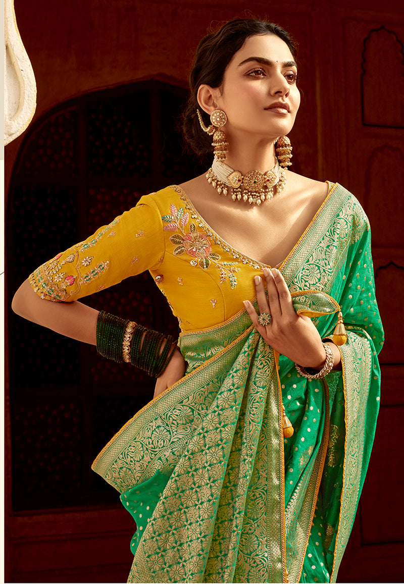 Emerald Green Designer Dola Silk Wedding Saree with Draping