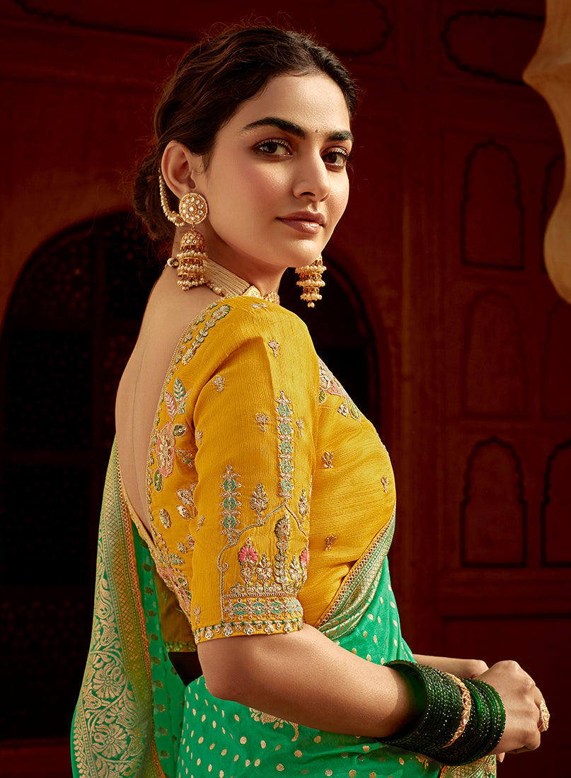 Emerald Green Designer Dola Silk Wedding Saree with Draping