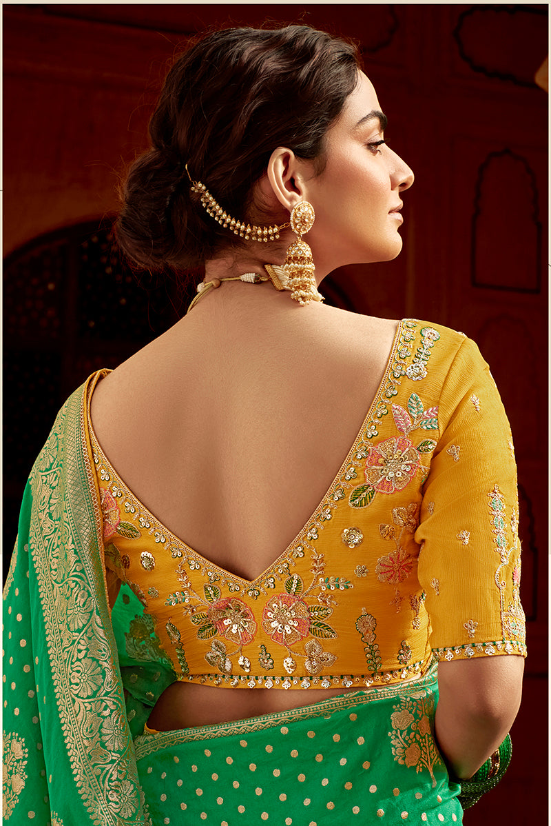 Emerald Green Designer Dola Silk Wedding Saree with Draping