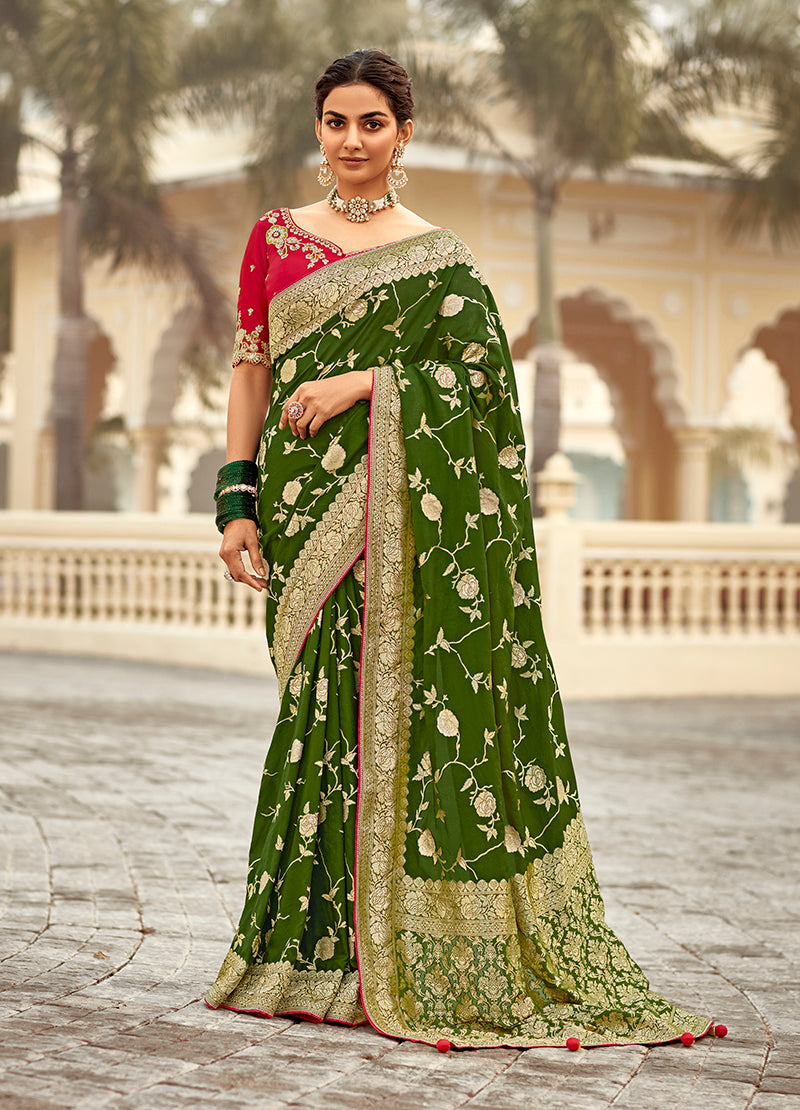 Bottle green Banarasi weaving saree made from premium Dola silk