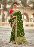 Bottle green Banarasi weaving saree made from premium Dola silk