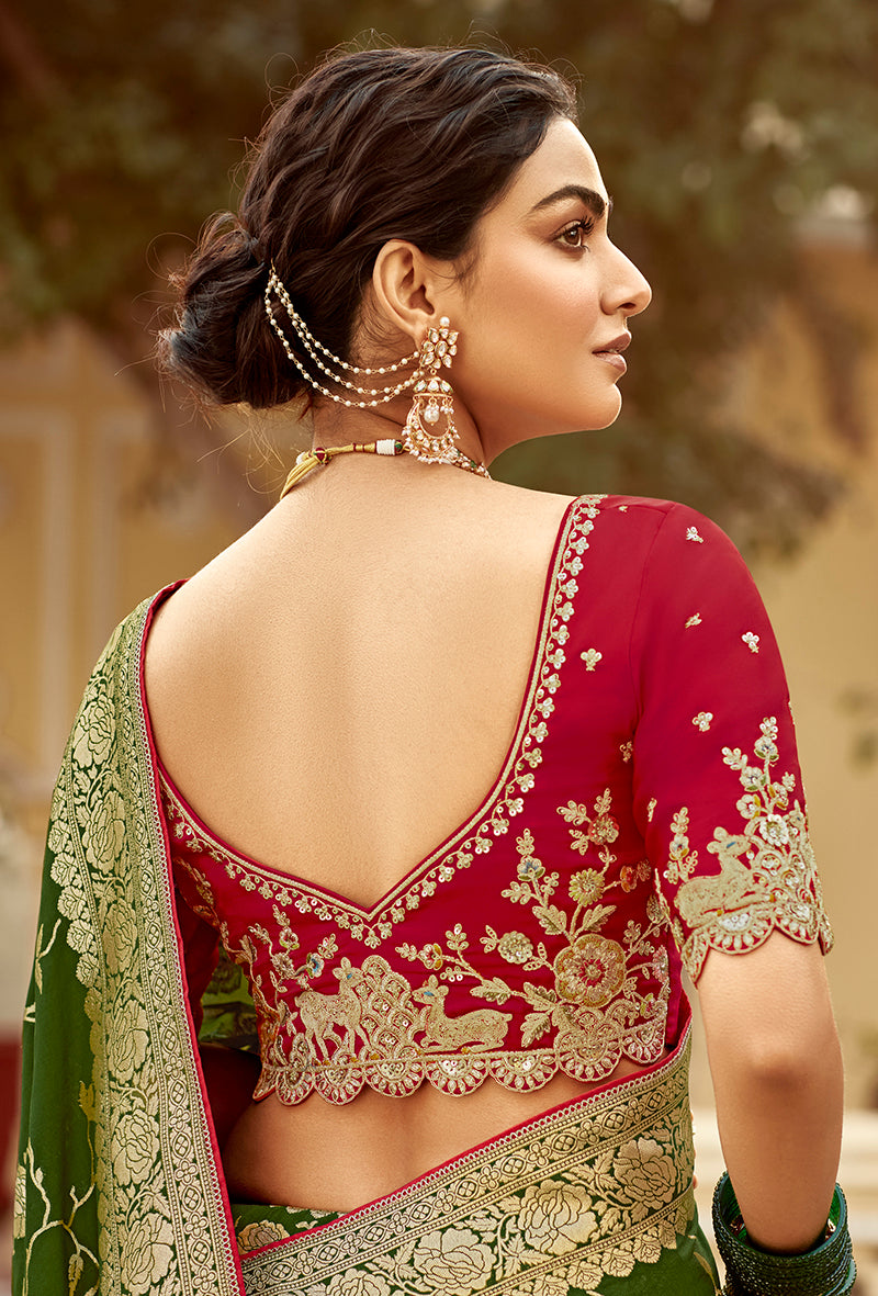 Bottle Green Banarasi Weaving Dola Silk Wedding Saree