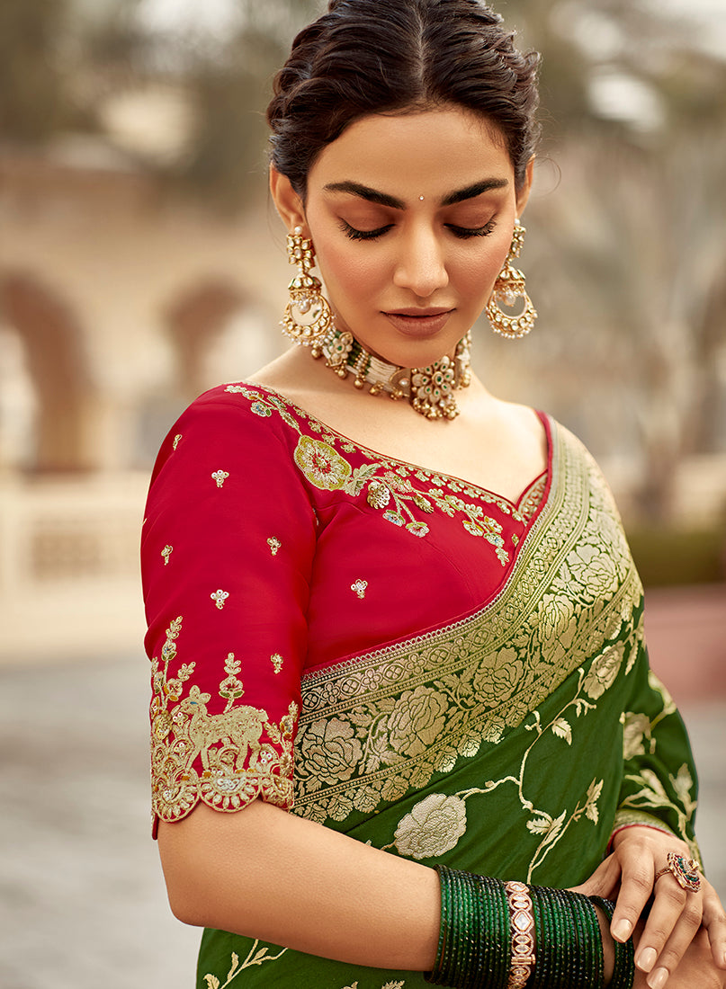 Bottle Green Banarasi Weaving Dola Silk Wedding Saree