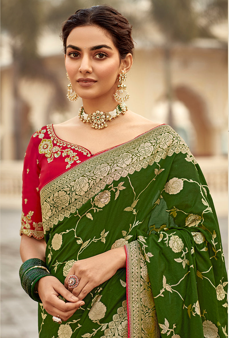 Bottle Green Banarasi Weaving Dola Silk Wedding Saree