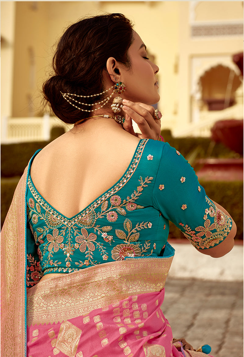 Rose Pink Dola Silk Wedding Saree with Heavy Zari Weaving