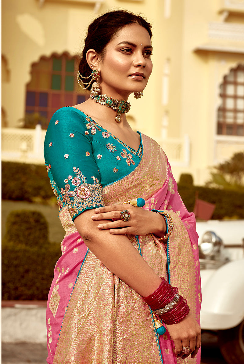 Rose Pink Dola Silk Wedding Saree with Heavy Zari Weaving