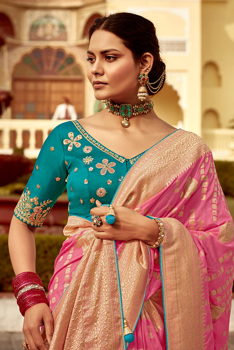 Rose Pink Dola Silk Wedding Saree with Heavy Zari Weaving