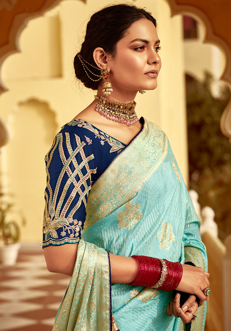 Sky Blue Banarasi Weaving Dola Silk Wedding Saree
