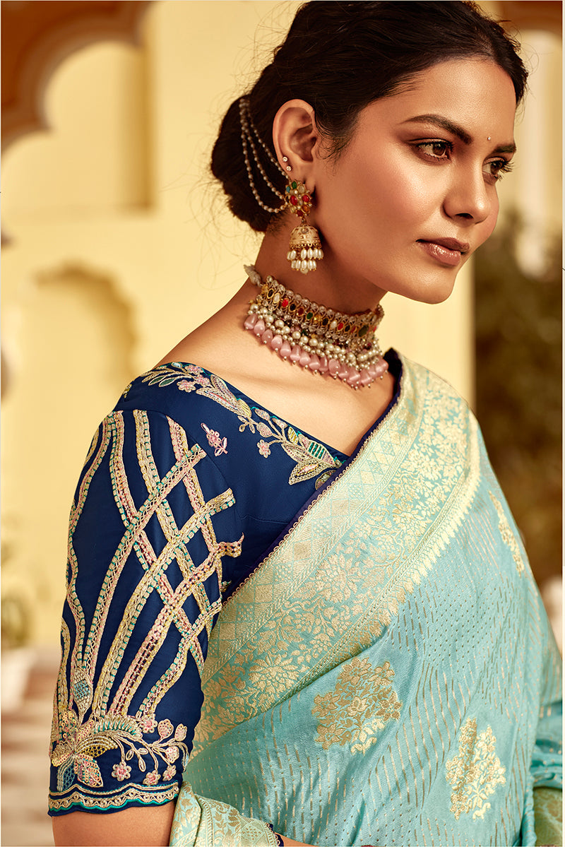 Sky Blue Banarasi Weaving Dola Silk Wedding Saree