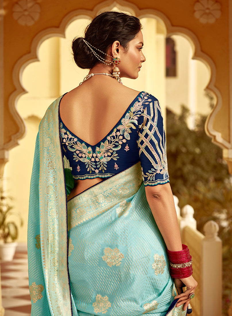 Sky Blue Banarasi Weaving Dola Silk Wedding Saree