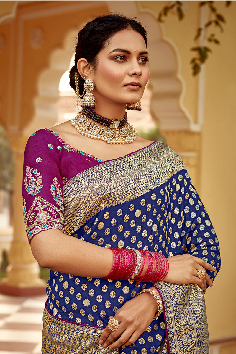 Navy Blue Banarasi Dola Silk Wedding Saree with Weaving Work
