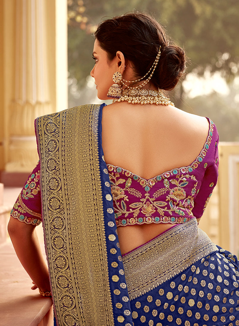 Navy Blue Banarasi Dola Silk Wedding Saree with Weaving Work