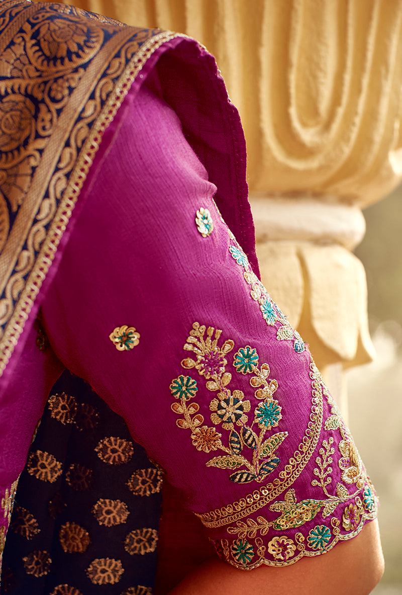 Navy Blue Banarasi Dola Silk Wedding Saree with Weaving Work