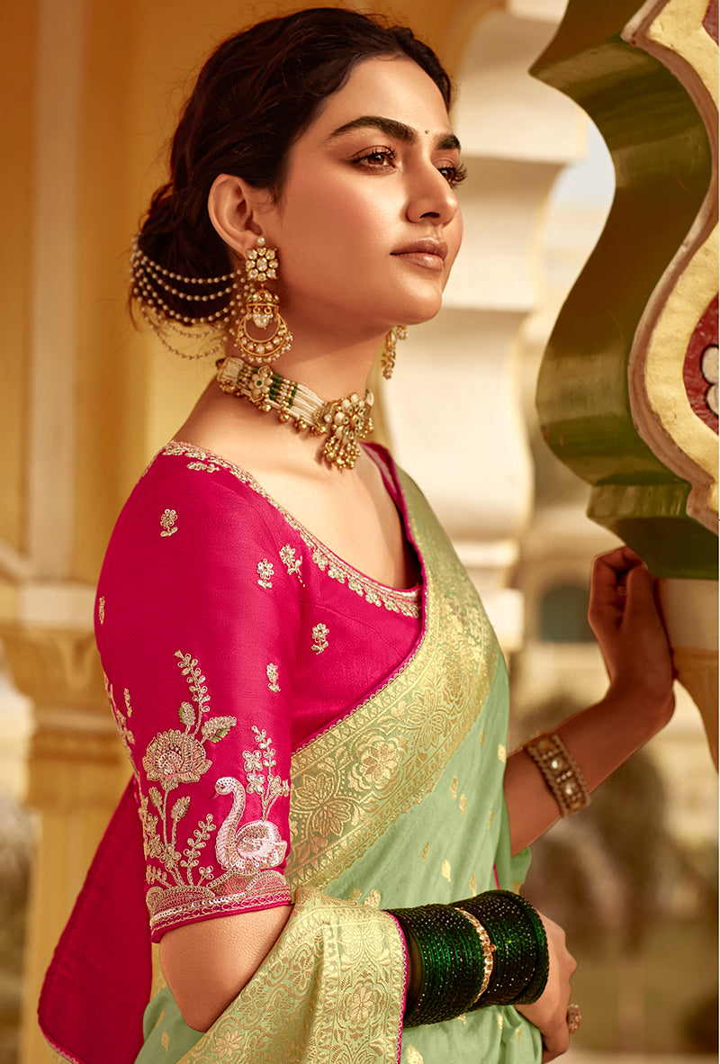 Mint Green Dola Silk Wedding Saree with Golden Zari Weaving