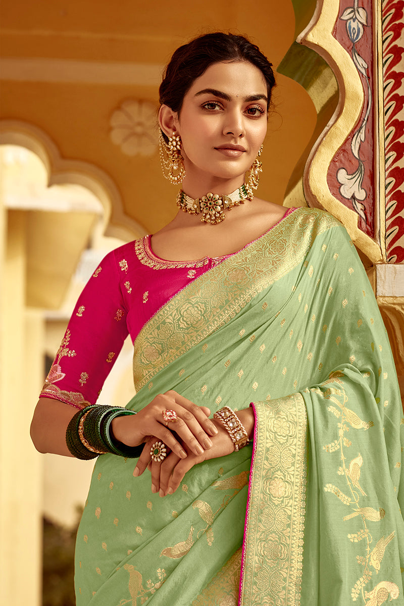 Mint Green Dola Silk Wedding Saree with Golden Zari Weaving