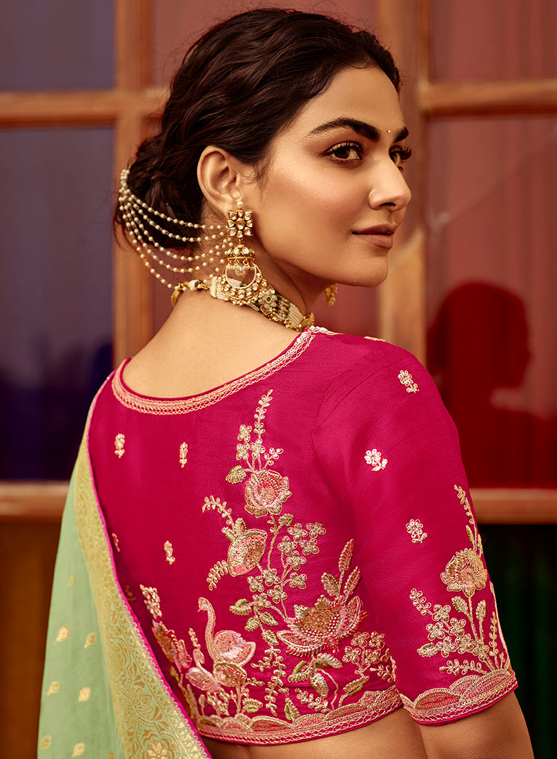 Mint Green Dola Silk Wedding Saree with Golden Zari Weaving