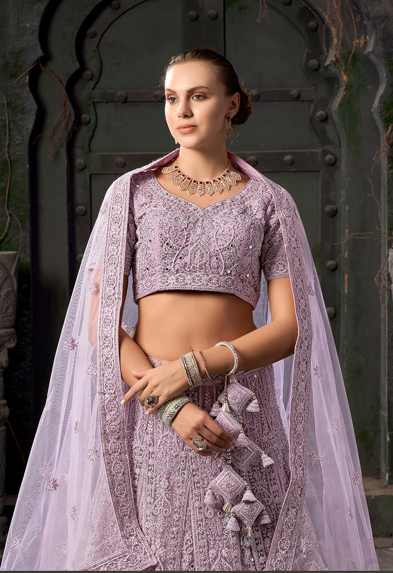 Lavender Net Lehenga Choli With Intricate Thread Embroidery