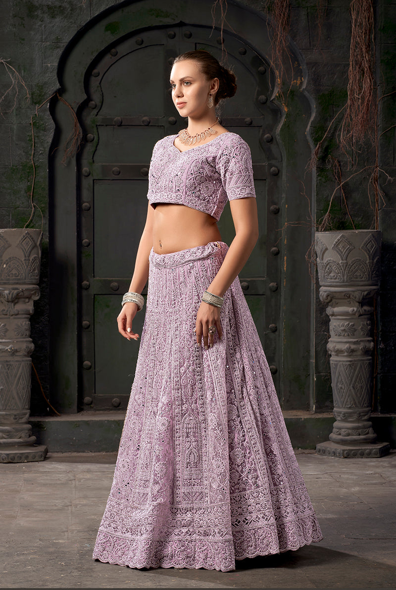 Lavender Net Lehenga Choli With Intricate Thread Embroidery
