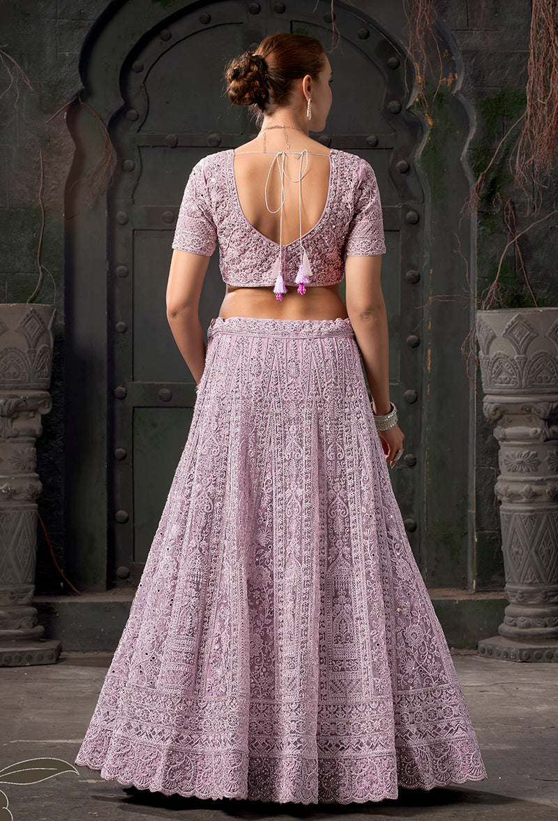 Lavender Net Lehenga Choli With Intricate Thread Embroidery