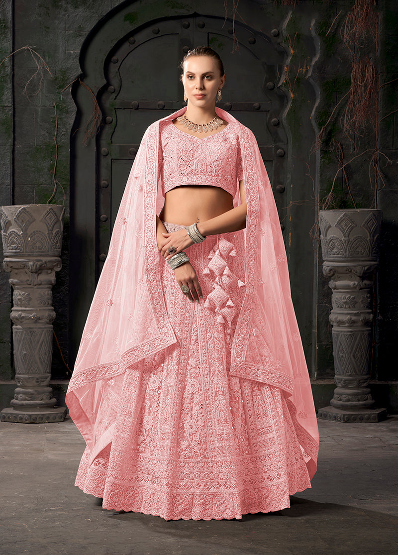 Light pink net lehenga choli with delicate thread embroidery