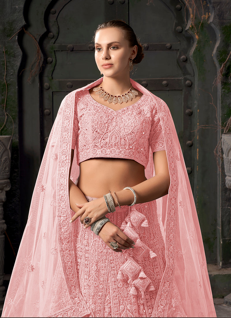 Light Pink Net Lehenga Choli with Thread Embroidery