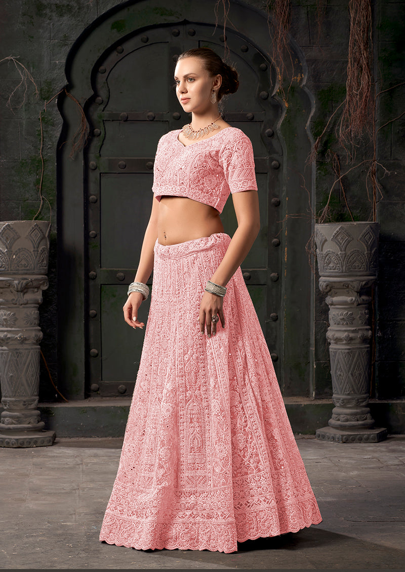 Light Pink Net Lehenga Choli with Thread Embroidery