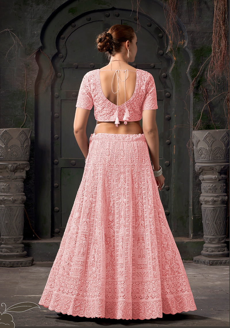 Light Pink Net Lehenga Choli with Thread Embroidery