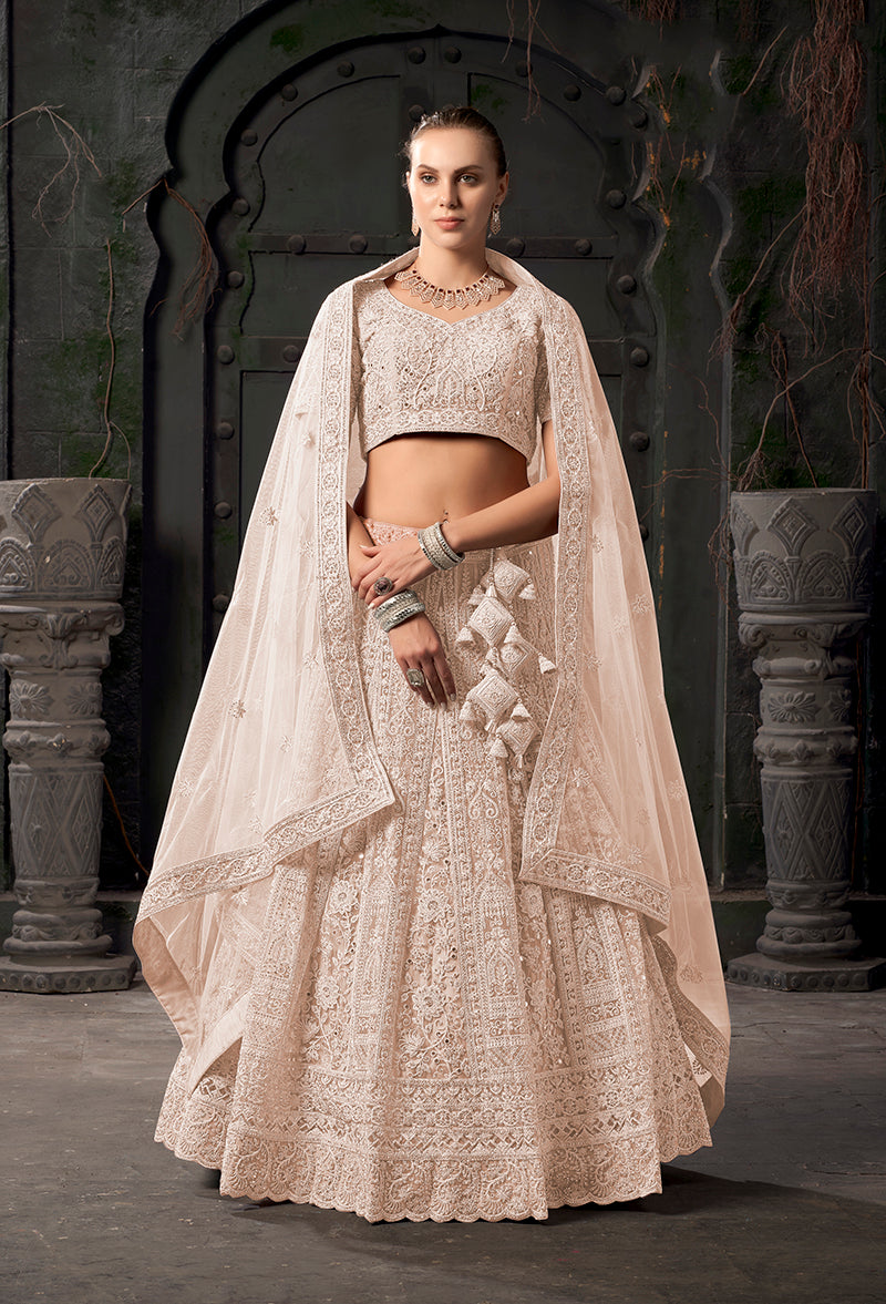 Cream net lehenga choli with detailed thread embroidery work