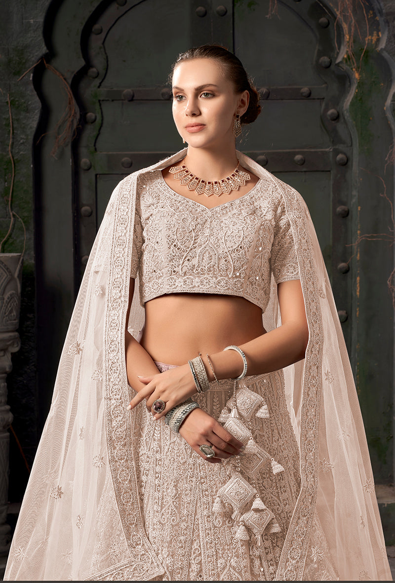 Cream Net Lehenga Choli with Thread Embroidery