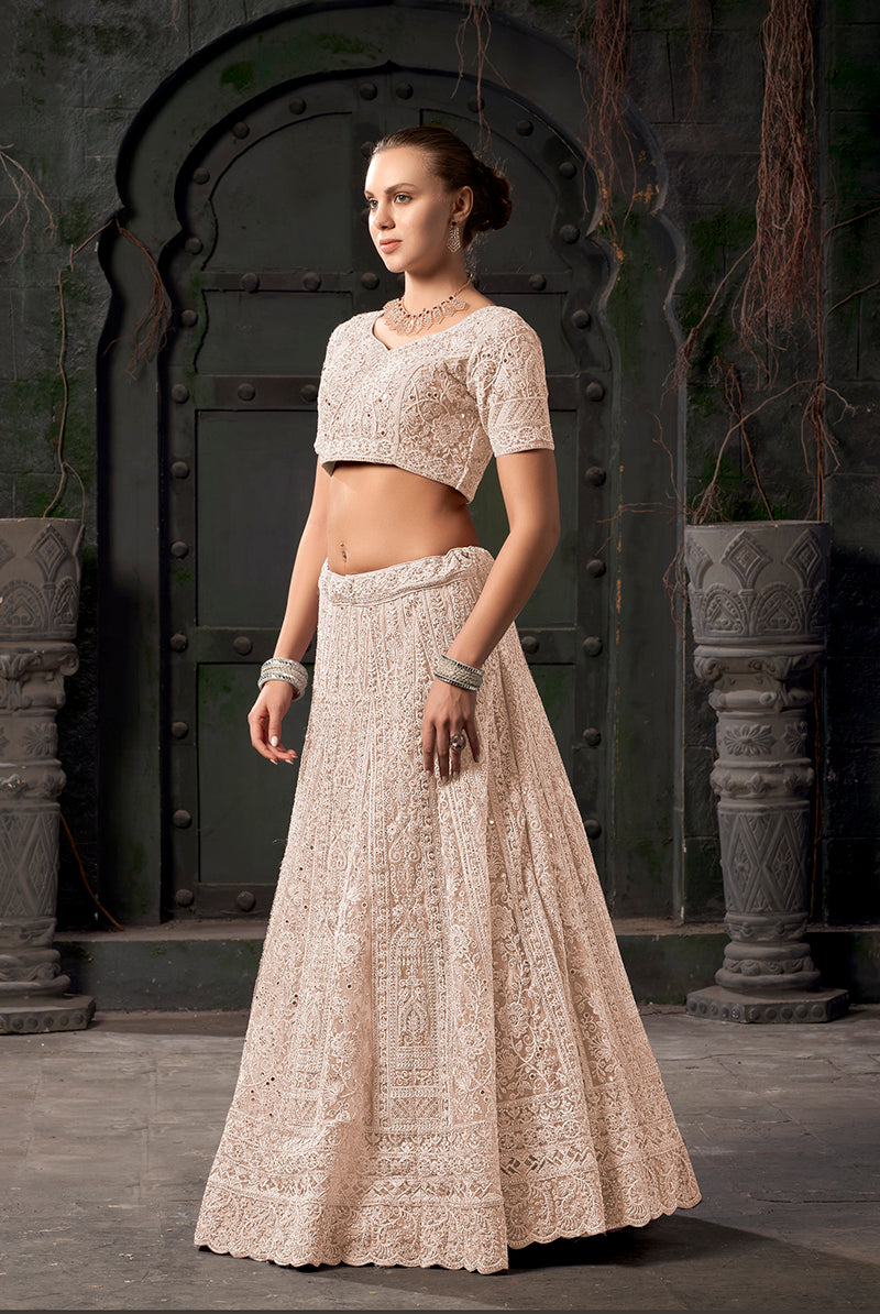 Cream Net Lehenga Choli with Thread Embroidery