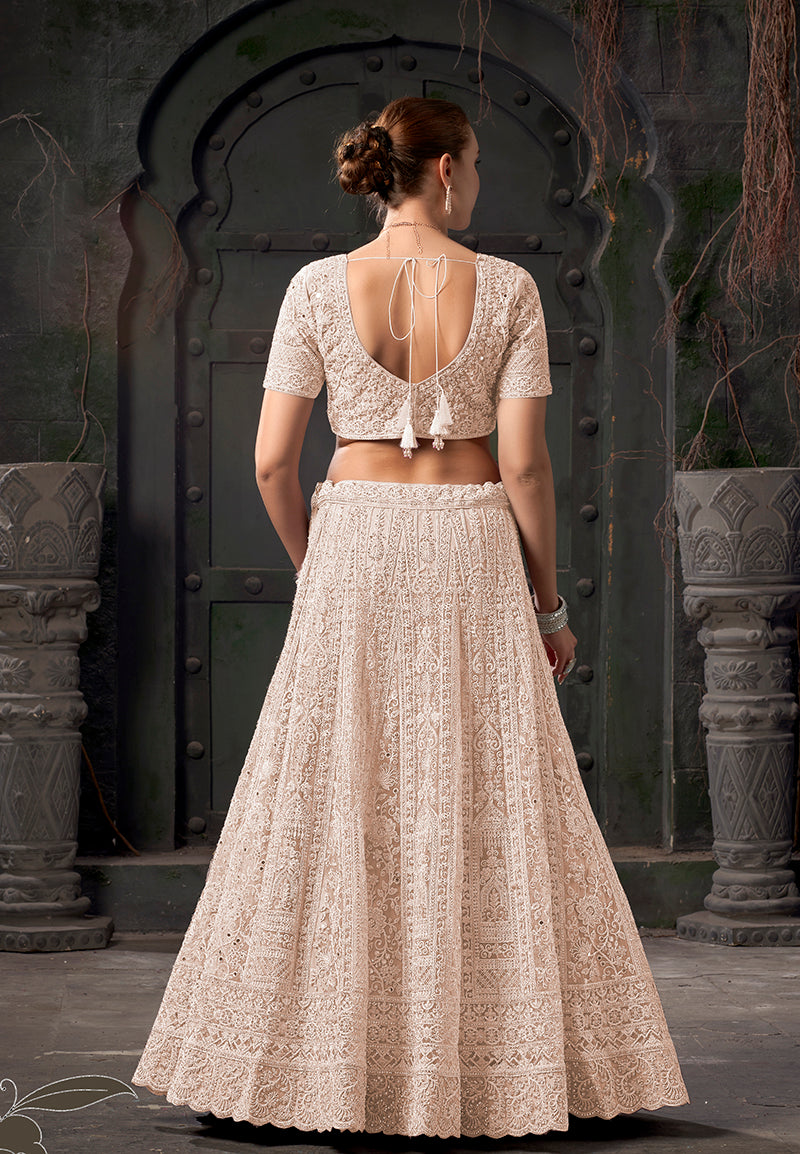 Cream Net Lehenga Choli with Thread Embroidery