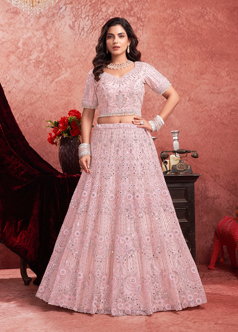 Baby Pink Net Lehenga Choli with Delicate Thread Embroidery