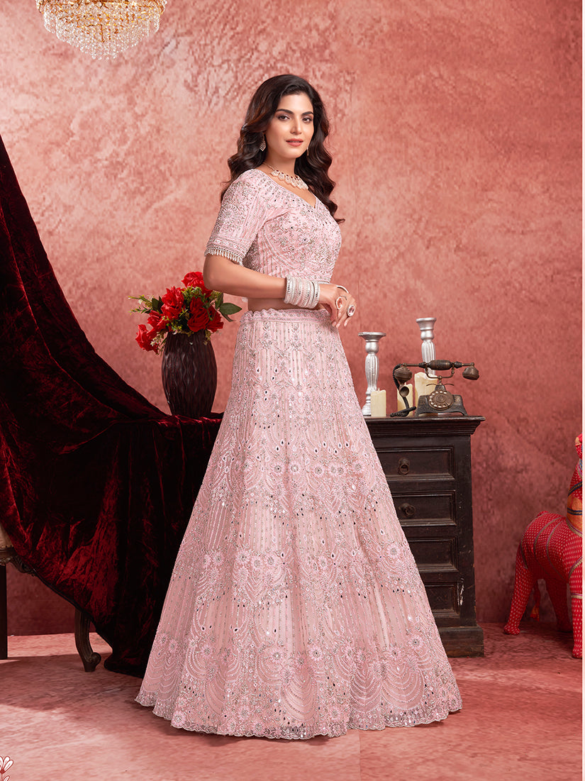 Baby Pink Net Lehenga Choli with Delicate Thread Embroidery