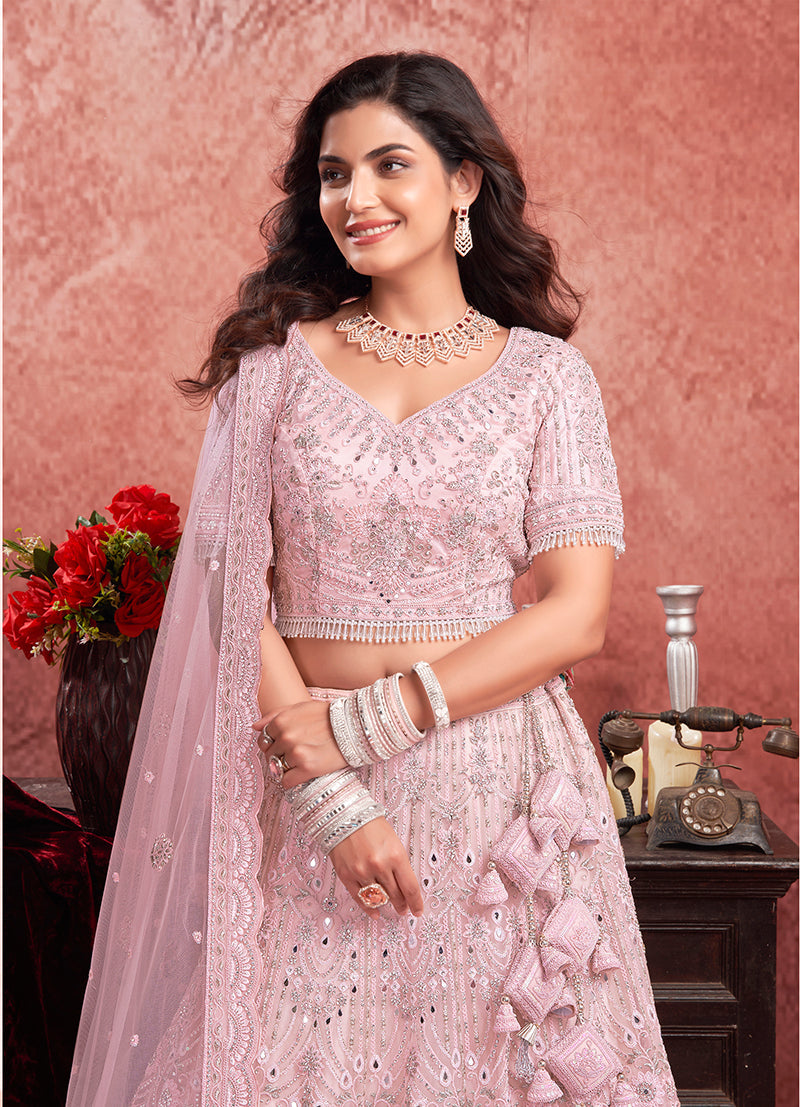 Baby Pink Net Lehenga Choli with Delicate Thread Embroidery