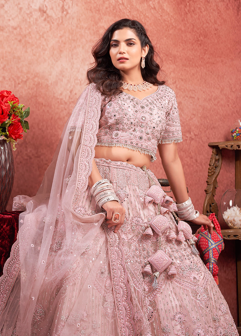 Pink Net Lehenga Choli with Detailed Thread Embroidery