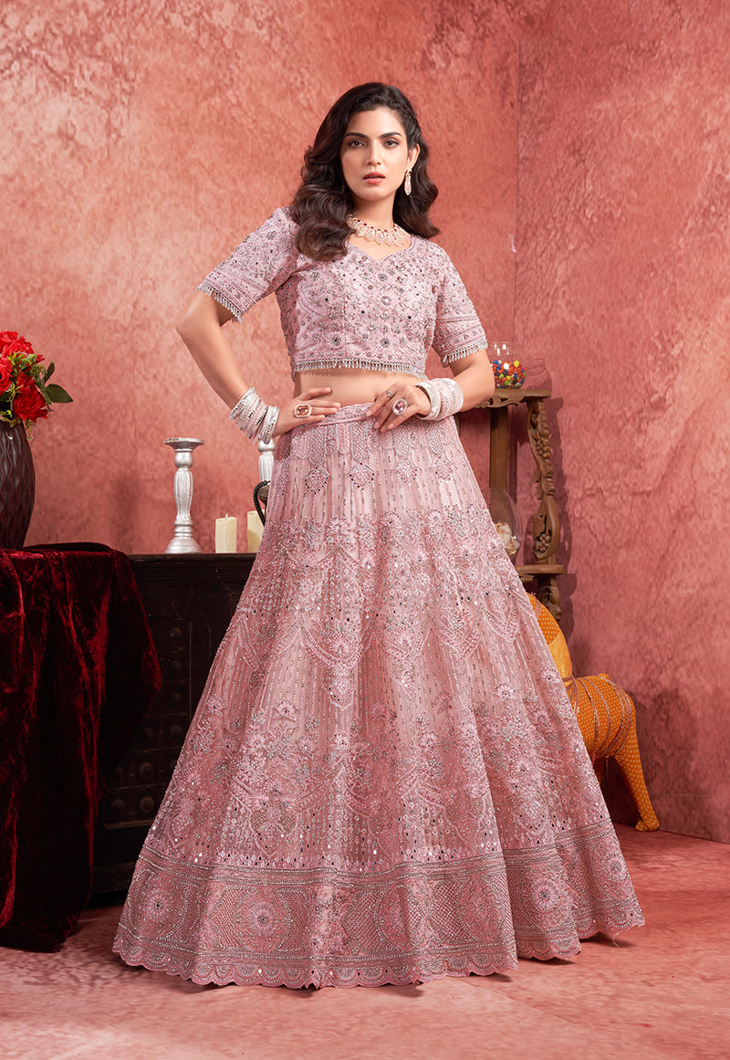Pink Net Lehenga Choli with Detailed Thread Embroidery