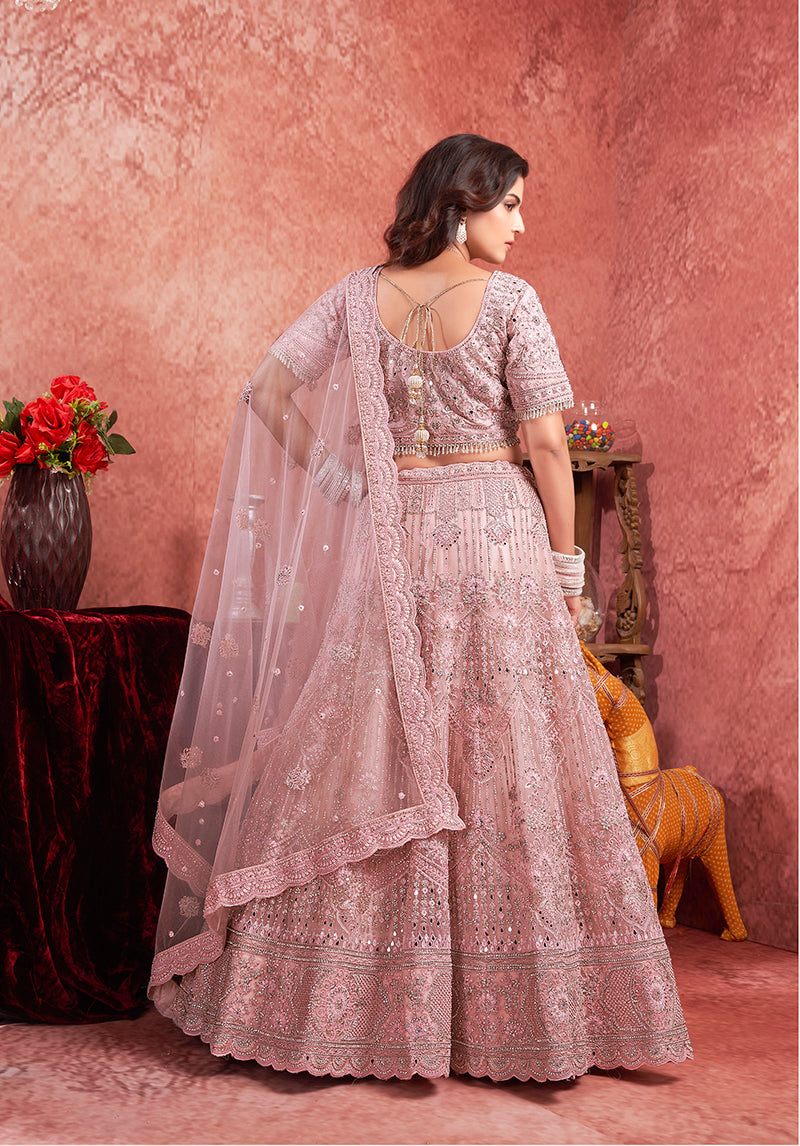 Pink Net Lehenga Choli with Detailed Thread Embroidery