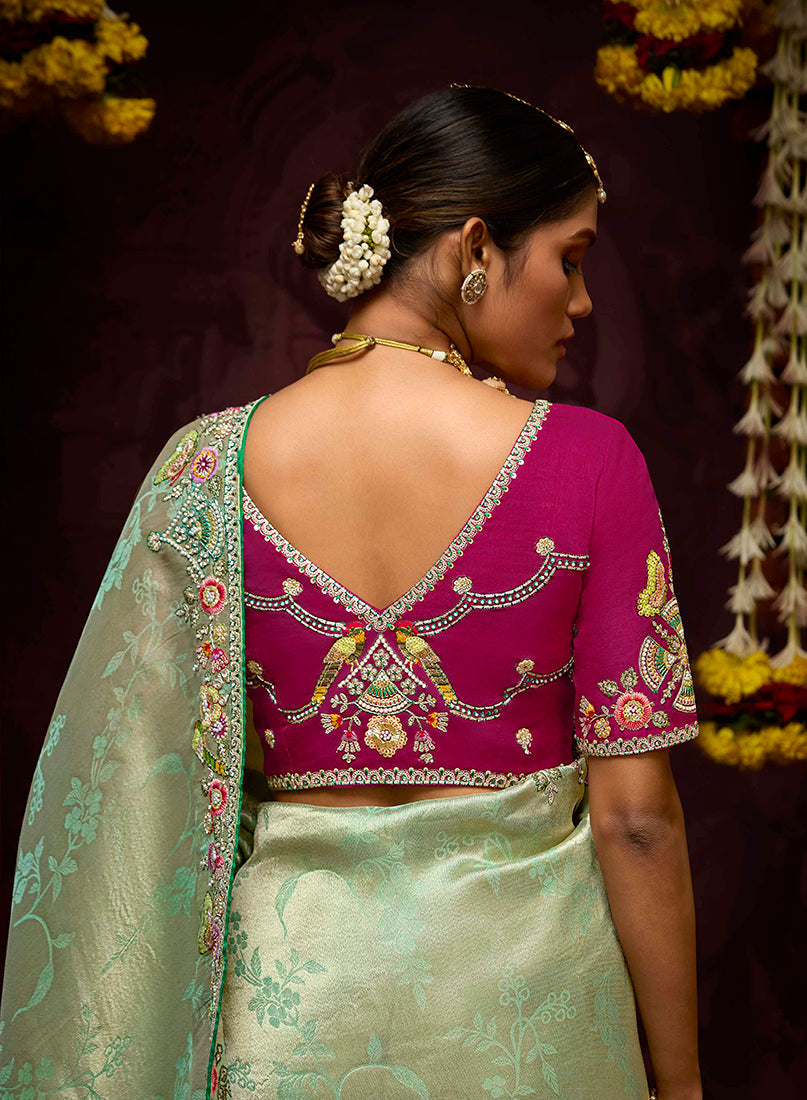 Sea Green Kanjivaram Silk Saree with Beaded Zari Embellishments