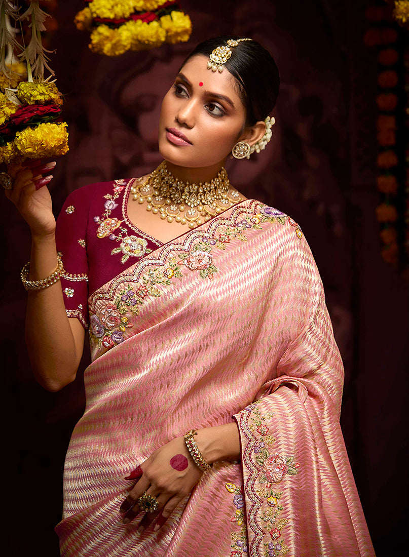 Rose Pink Kanjivaram Silk Saree with Traditional Weaving & Zari
