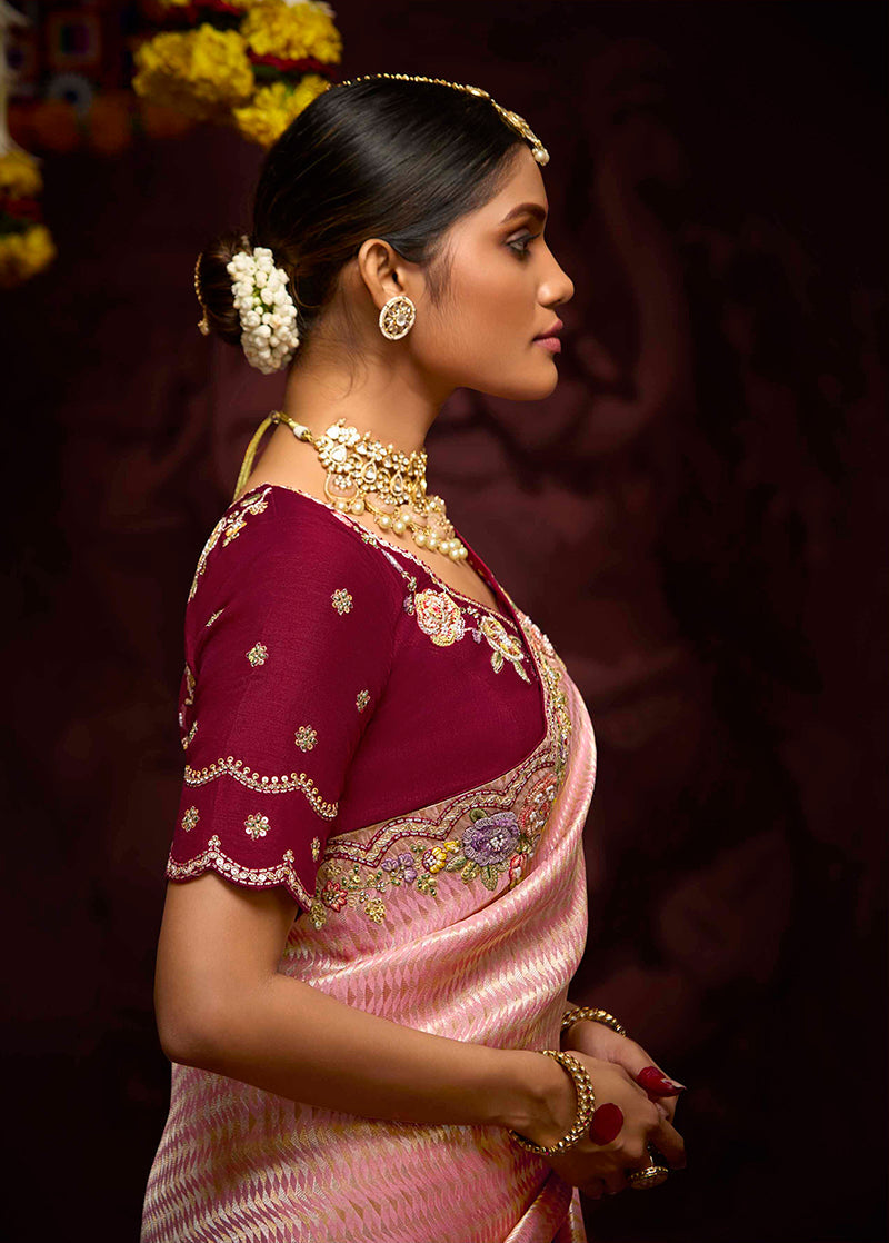 Rose Pink Kanjivaram Silk Saree with Traditional Weaving & Zari