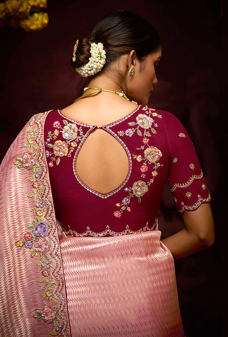 Rose Pink Kanjivaram Silk Saree with Traditional Weaving & Zari